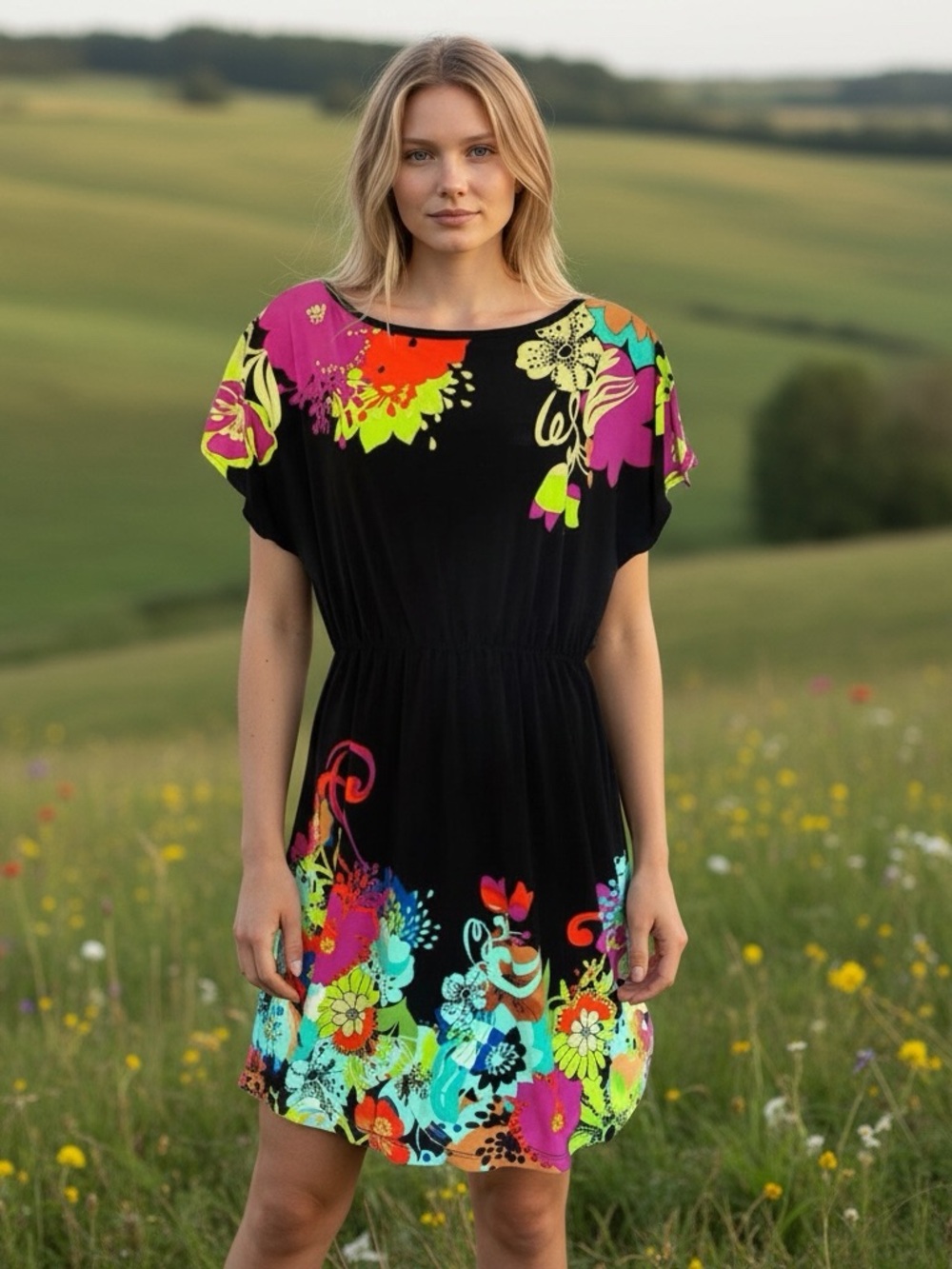 ECI Black Colorful Floral Flutter Sleeve Bohemian Hippie Mini Dress Size 10